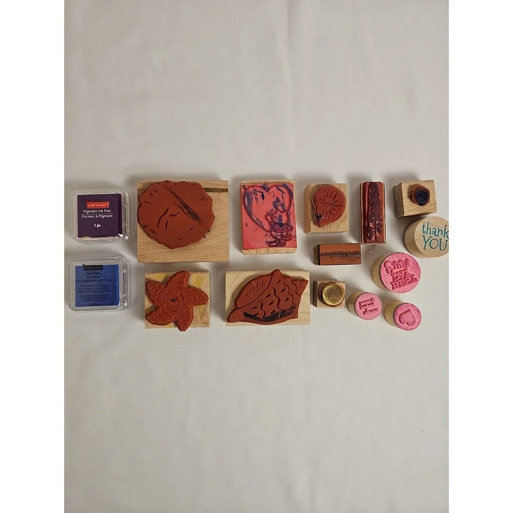 Lot of 13 Wood Mounted Rubber Stamps with 2 Craft Smart Ink Pads Heart Starfish